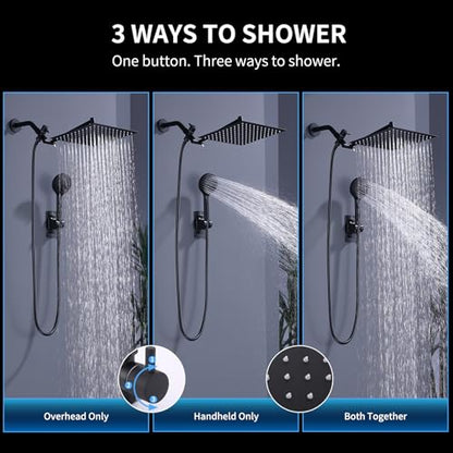 Peicuai Shower Head Combo, 10-Inch High-Pressure Rainfall Shower Head with 11-Inch Adjustable Extension Arm, 5-Setting Matte Black Handheld Shower with Long Hose, Powerful Spray for Low Water Pressure - color: 10-Inch Matte Black