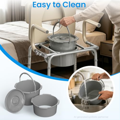 HOMLAND Drop Arm Bedside Commode Toilet with Padded Seat & Backrest, 300LB | Adjustable Height, Easy Side Transfer, Portable Toilet for Seniors and Adults, 6.3QT Bucket, Tool-free Assembly Potty Chair