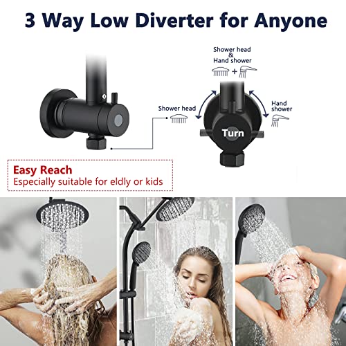 Rainfall 8 Inch Round Shower Head with High Pressure Handheld Spray Combo, Drill-Free Slide Bar with Adjustable Shower Extension Arm, 3-Way Low Diverter for Easy Reach, 5Ft Hose- Matte Black - color: Matte Black
