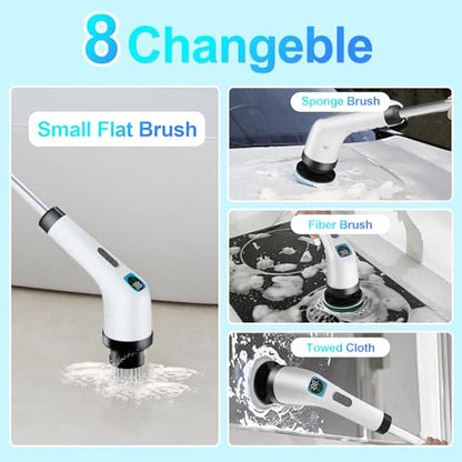 ALPONO Electric Spin Scrubber for Cleaning - Bathroom Floor Shower Scrubber with Long Handle Cordless Handheld Power Spin Brush, IPX7 7in1 400RPM LED-Screen Fast Charging