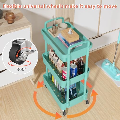 Calmootey 3-Tier Rolling Utility Cart with Drawer,Multifunctional Storage Organizer with Plastic Shelf & Metal Wheel,Storage Cart for Kitchen,Bathroom,Living Room,Office,Green | Space-Saving Organizer, Sturdy Plastic Shelves, Smooth-Rolling Metal Wheels,