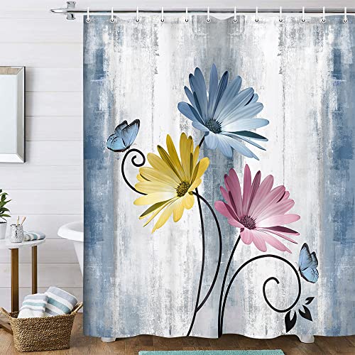 Rustic Farmhouse Shower Curtain, Farm Blue Daisy Floral Flowers and Butterfly on Country Wooden Shower Curtain for Bathroom, Turquoise Pink Yellow Bathroom Shower Curtains with 12PCS Hooks, 60X70IN - color: Blue-02, size: 60"W x 70"L (Pack of 1)