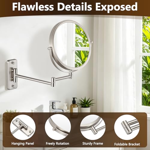 ALHAKIN 1X/30X Wall Mounted Makeup Mirror, 8 Inch Double Sided Magnifying Mirror for Wall, Bathroom Makeup Mirror with 360 Rotation Extendable Swivel Arm, Nickel