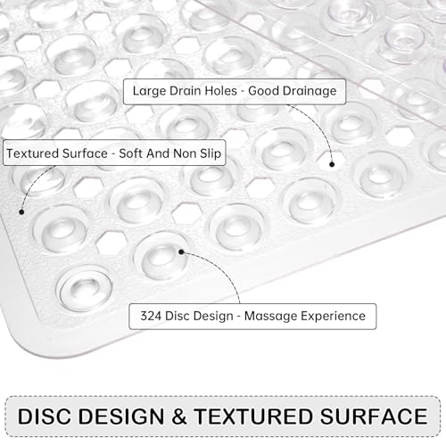 Non-Slip Bathtub and Shower Mats, Power Grip Bath Mat 35 x 16.3 Inch with Suction Cups and Drain Holes for Tub Bathroom Floor Safety, Machine Washable Soft Bathmat, Clear - color: Clear