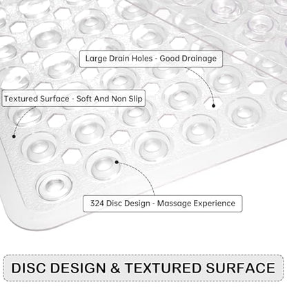 Non-Slip Bathtub and Shower Mats, Power Grip Bath Mat 35 x 16.3 Inch with Suction Cups and Drain Holes for Tub Bathroom Floor Safety, Machine Washable Soft Bathmat, Clear - color: Clear