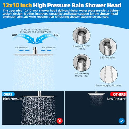 Hibbent All Metal cUPC Certified Shower Head, 12'' High Pressure Rainfall Shower Head, Showerhead Combo, Handheld Shower Wand, 12'' Adjustable Extension Arm, 4-Spray, 71'' Hose, Shower Holder, Chrome - color: Chrome, style: Square 12''