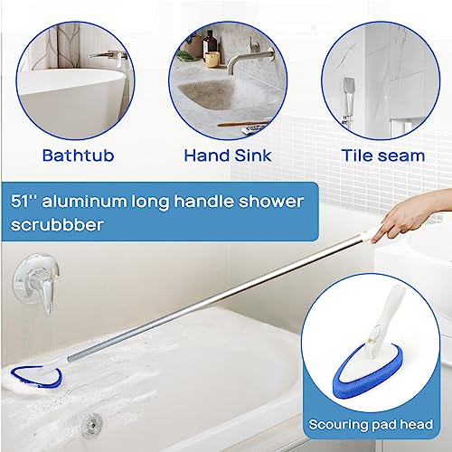 Qaestfy Shower Scrubber Cleaning Brush Combo Bath Tub Tile Cleaner Scrubber Brush with 51'' Adjustable Long Handle Scrub Brush for Bathroom Shower Bathtub Wall Mop Cleaning Scrubbing - color: Blue