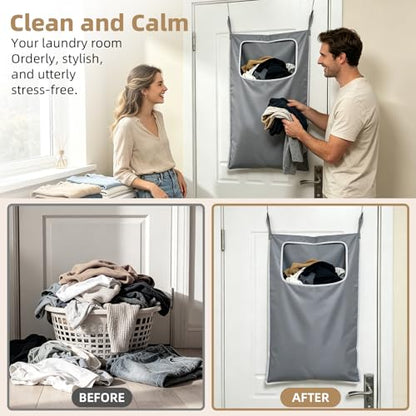 2 Pack Hanging Laundry Hamper, 31.4x19.2 in, Gray | 2 Pack Door Hanging Laundry Bags with Two Hook Styles 600D Oxford Fabric Tear Resistant for Bedroom and Bathroom - color: GRAY2