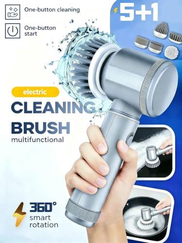 Electric Cordless Spin Cleaning Scrubber, Powerful Handheld Shower Cleaner with 6 Interchangeable Brush Heads, Multi-Surface Cleaner for Bathroom Tub Tile Grout Kitchen Sink Window Floor Car, Gray