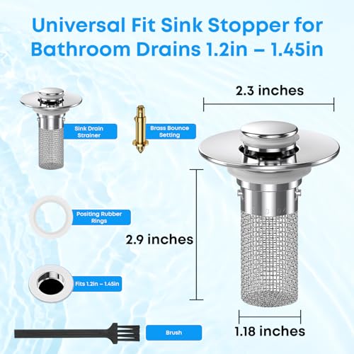 Bathroom Sink Stopper with Hair Catcher Universal Pop-Up Drain Strainer for 1.25–1.5 inch US Standard Bathroom Sink Drain Strainer Hole Replacement
