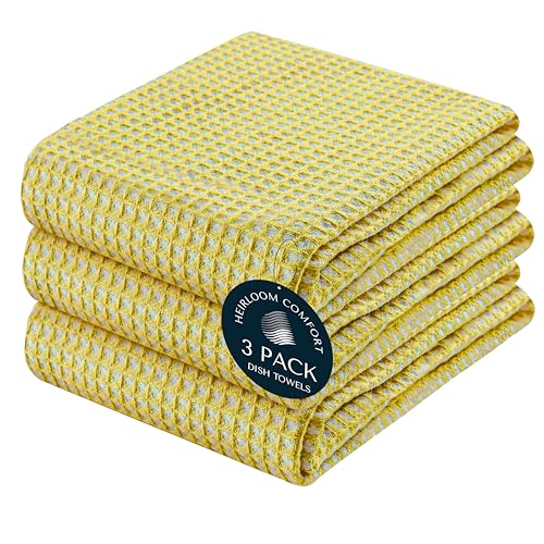 3 Pack Dual Waffle Weave Kitchen Towels, 16x26 Inch, 100% Cotton, Super Absorbent, Quick Dry, Reversible Dishcloth Set, Soft and Durable, Lemon Yellow - color: Lemon Yellow, size: 16 x 26 - Pack of 3