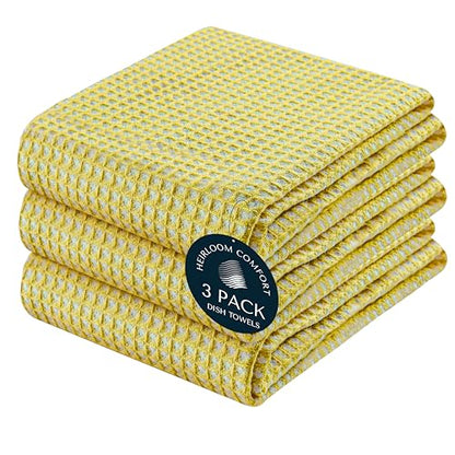 3 Pack Dual Waffle Weave Kitchen Towels, 16x26 Inch, 100% Cotton, Super Absorbent, Quick Dry, Reversible Dishcloth Set, Soft and Durable, Lemon Yellow - color: Lemon Yellow, size: 16 x 26 - Pack of 3