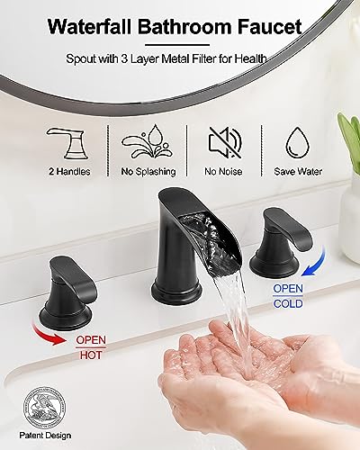 Black Waterfall Bathroom Faucet, Brass Widespread 3 Hole Vanity Faucet, 2 Handles Bathroom Sink Faucet Set, 8 Inch Bathroom Faucets for Sink Vanity Lavatory Farmhouse RV with Pop-Up Drain - color: Matte Black