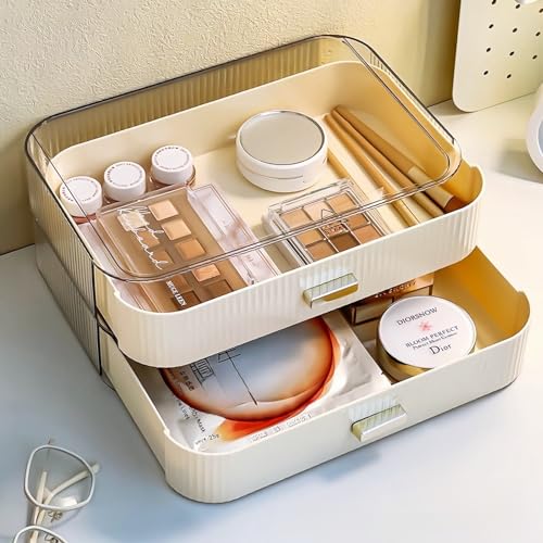 2 Pack Stackable Makeup Organizer with Drawers, Bathroom Storage for Eyeshadow Palettes, Cosmetics, and Beauty Supplies. Ideal for Vanity Counter, Cabinet, Entryway Table, Desk - color: Cream White, size: 2 Drawer