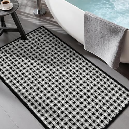 YIHOUSE Bathroom Rugs 16" x 32", Ultra Thin Checkered Weave Bath Mat - Soft Absorbent Quick Dry Bath Mat, Machine Washable Non Slip Bath Rugs for Bathroom, Shower & Tub, Black White - color: Black White, size: 16"x32"
