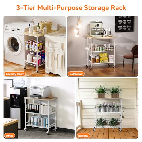 NTE Rolling Kitchen Microwave Cart, 3 Tier Microwave Stand with Storage, Small Kitchen Island on Wheels, Kitchen Storage Cart with 6 Hooks for Kitchen, Coffee Bar, Living Room, Balcony - color: White