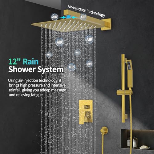 SR SUN RISE 12 Inch Square Shower System with Slide Bar,Brushed Gold | Rain Head and Handle System,16" Adjustable Shower Slide Bar,Soild Brass,Wall Mount,Included Valve and Trim Kit - color: Brushed Gold, size: 12 Inch
