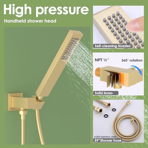 Enga Dual Shower Head Shower System with Body Jets, 12" Ceiling Mounted Rain Shower Head & 6" Wall Mounted Head Full Body Rainfall Shower Faucet with Valve Kit, Brushed Gold - color: Brushed Gold, style: Ceiling-12"+6"+Jets