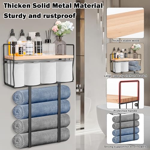 Livabber Towel Racks for Bathroom, Metal Towel Storage Holder for Roll Towels, Wall Mounted Towel Organizer with Storage Basket and Wooden Shelf for Small Spaces (Black)