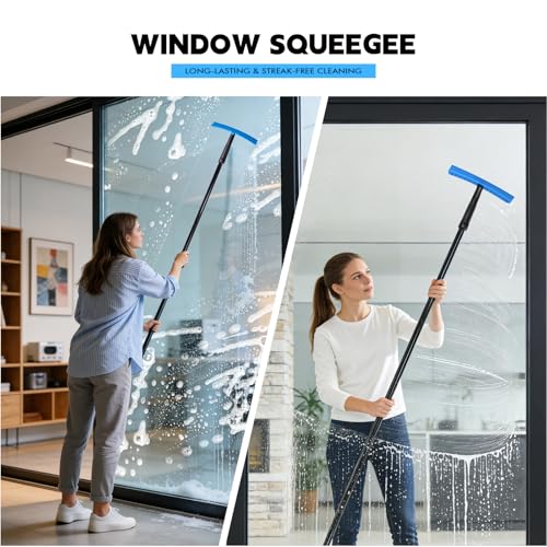 FOSHIO TPU Squeegee 10-Inch Blade with 4 Extension Poles (Extends up to 63 Inches), Anti-Slip Grip Handle Rubber Squeegee Streak-Free Cleaning for Car Windows, Shower Doors, Mirrors, Glass