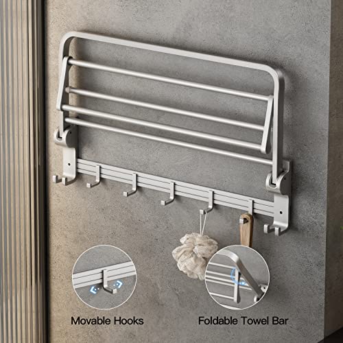 24 Inch Towel Rack with Towel Bar Holder Foldable Towel Shelf with Movable Hooks Rustproof Towel Storage Wall Mount for Bathroom Lavatory Silver - color: Silver