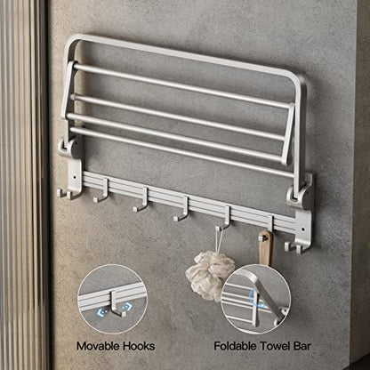 24 Inch Towel Rack with Towel Bar Holder Foldable Towel Shelf with Movable Hooks Rustproof Towel Storage Wall Mount for Bathroom Lavatory Silver - color: Silver