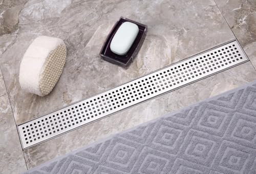 Neodrain 54" Linear Shower Drain, Brushed 304 SS Bathroom Linear Drain,cUPC | Brushed Nickel Shower Drain with Quadrato Grate& Adjustable Feet, Long Rectangle Shower Floor Drain in Bathroom, Balcony etc - color: Brushed Nickel, size: 54 In