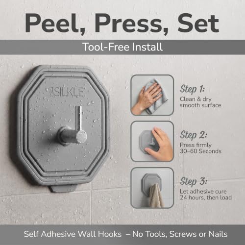 SILKLE Silicone Shower Hooks for Inside Shower, 2-Pack Adhesive Towel Hooks | Adhesive Shower Hooks, No Drill - Razor & Loofah Holders for Shower Wall, Heavy-Duty, Waterproof, Damage-Free - Gray - color: Gray