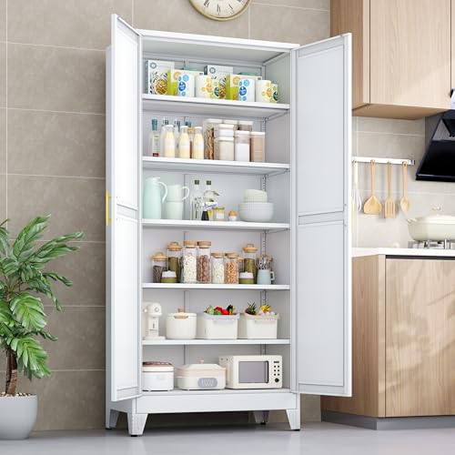 PAOFIN Kitchen Pantry Storage Cabinet with Doors and Adjustable Shelves, Metal ClosetMaid Food Pantry Cabinets, 75" Tall Freestanding Cupboard for Kitchen, Laundry or Utility Room, White - color: White, size: 75"-5 Adjustable shelves
