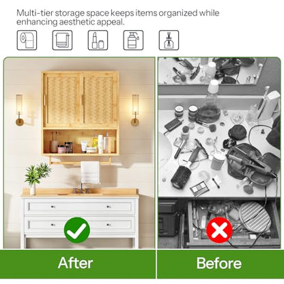 HOOBRO Bathroom Cabinet Wall Mounted, Bamboo Over Toilet Cabinet, Medicine Cabinet with Towels Bar & Adjustable Shelves, 23.6 x 7.9 x 28.5 Inches, for Bathroom, Laundry, Kitchen, Natural YL63CW01