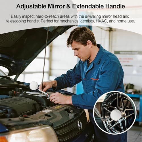 Telescoping Inspection Mirror with Rotating Head,Extendable Mechanic Mirror with Long Handle and Clip-On Design for Mechanics, Dentists, Auto, Boat (2.05in Round & 1.18in Round) - style: 2 PCS (Round)