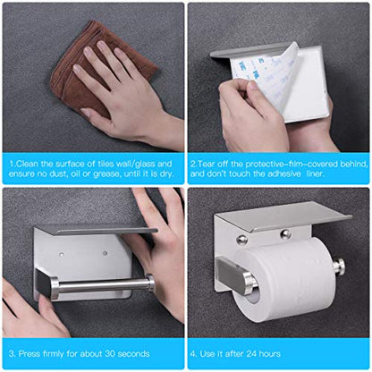 VAEHOLD Self Adhesive Toilet Paper Holder with Phone Shelf Stainless Steel Wall Mounted Toilet Paper Roll Holder - Rustproof and Bathroom Washroom Tissue Roll Holder with Storage Shelf - Silver - color: Silver
