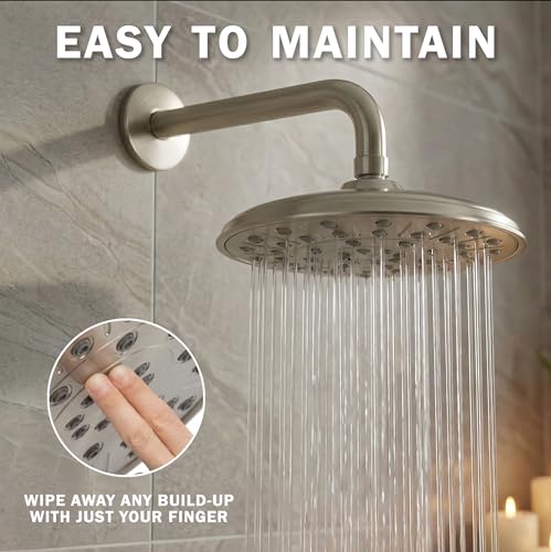 Rainfall Shower Head - 2.5 GPM - Brushed Nickel | 8 Inch Large Overhead Rain Showerhead With Self-Clean Nozzles, High Flow, Easy Install, Adjustable Brass Ball Joint - color: Brushed Nickel