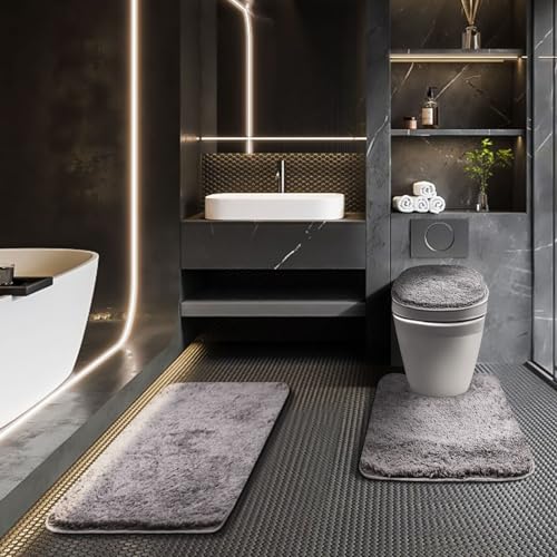 Shower Curtain Sets with Rugs and Adjustable Toilet Seat Cover | 4 Pcs Gray Bathroom Sets with Shower Curtain and Rugs and Microfiber Toilet Lid Cover - color: Grey