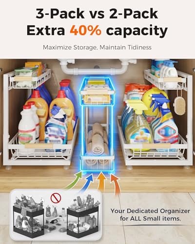 3-Pack 2-Tier Height Adjustable Under Sink Organizer, White | Multi-purpose metal storage shelf with sliding shelves for kitchen, bathroom, pantry & laundry cabinet - color: White