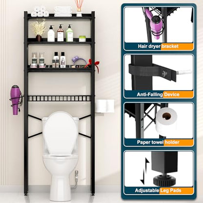 Over The Toilet Storage Cabinet,4 Tier Bathroom Organizer and Storage With Adjustable Shelf Waterproof Feet Pad and Basket Multifunctional Space Saver Freestanding Bathroom Shelves With Dividers Black - color: Black