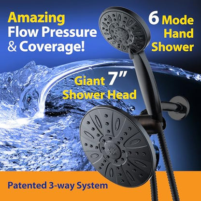 AquaDance 7" Premium High Pressure 3-way Rain & Handheld Shower Head Combo | Enjoy Luxury 7-inch Showerhead & 6-mode Hand Shower Separately or Together! Premium Stainless Steel Hose - Black - color: Matte Black, size: 2.5 Gallons Per Minute