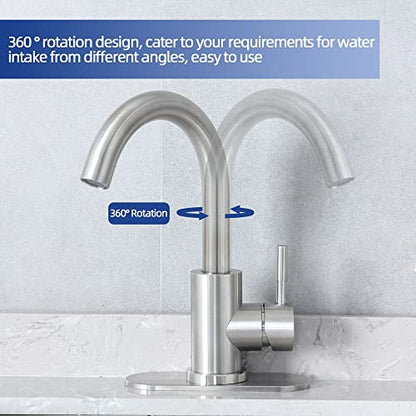 Brushed Nickel Bathroom Sink Faucet - Single Hole, Modern Single Handle Commercial Stainless Steel Bar Faucet with Drain - color: Brushed Nickel, size: With drain