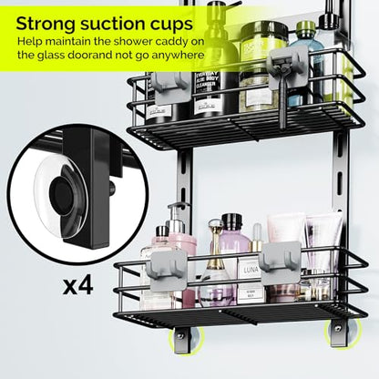 Orimade Over The Door Shower Caddy Adjustable 4 Tier Black,Bathroom Hanging Organizer Shelf Rustproof with 4 Hooks,Shower Basket with Soap Holder and Suction Cup - color: Black-4T