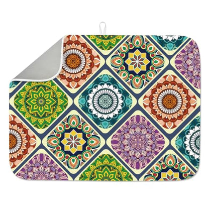 Mandala Dish Drying Mat for Kitchen Counter 18"x24" Mexican Flower Absorbent Dish Draining Mat Retro Floral Large Heat Resistant Coffee Mats for Table Faucet Sink Coffee Bar Refrigerator - style: Mandala pattern