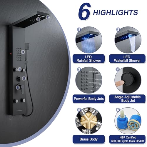 ROVATE 5 in 1 LED Rainfall Waterfall Shower Panel, Matte Black | High Pressure Stainless Steel Shower Tower with 4 Angle Adjustable Body Jets, Flexible Handheld, Waterfall Tub Spout