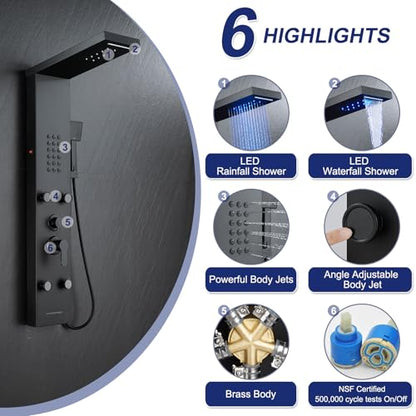 ROVATE 5 in 1 LED Rainfall Waterfall Shower Panel, Matte Black | High Pressure Stainless Steel Shower Tower with 4 Angle Adjustable Body Jets, Flexible Handheld, Waterfall Tub Spout