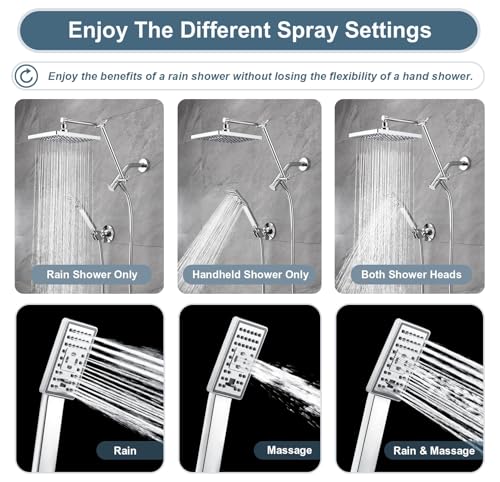 BRIGHT SHOWERS High Pressure Rain Shower Head Combo with Double Extension Arm, 8 Inch Rainfall Shower Head with Handheld Spray, Height Adjustable Dual Square Showerhead Set, Chrome - color: Chrome, style: Dual Shower Head with Extension Arm