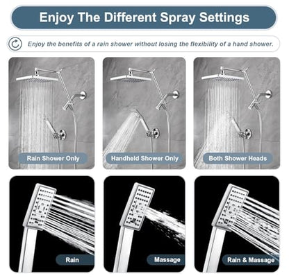 BRIGHT SHOWERS High Pressure Rain Shower Head Combo with Double Extension Arm, 8 Inch Rainfall Shower Head with Handheld Spray, Height Adjustable Dual Square Showerhead Set, Chrome - color: Chrome, style: Dual Shower Head with Extension Arm