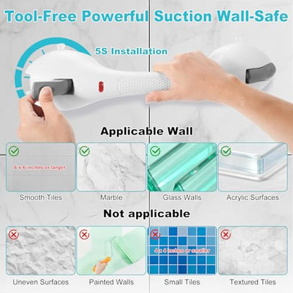 GRONIVEX Indicator Grab Bars for Bathtubs and Showers, No-Tool Installation Removable Suction Cup Handrails – Ideal Bathroom Safety for Seniors, Pregnant Women, and Disabled, White and Gray (2-Pack)