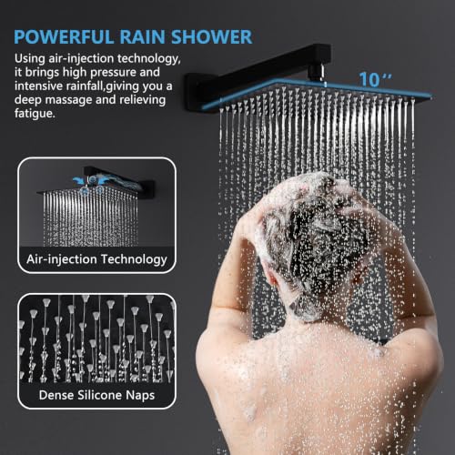 Rainfall Showerhead and Handle Set, 10" Bathroom Shower System, 3 Functions Wall Mounted Shower Faucet Complete Combo Solid Brass with Foldable Tub Spout Modern Bathtub Faucet Shower Trim Kit - color: Matte Black