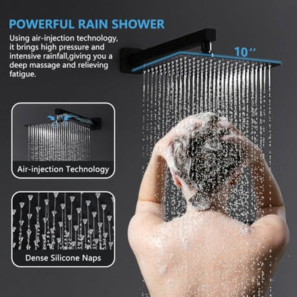 Rainfall Showerhead and Handle Set, 10" Bathroom Shower System, 3 Functions Wall Mounted Shower Faucet Complete Combo Solid Brass with Foldable Tub Spout Modern Bathtub Faucet Shower Trim Kit - color: Matte Black