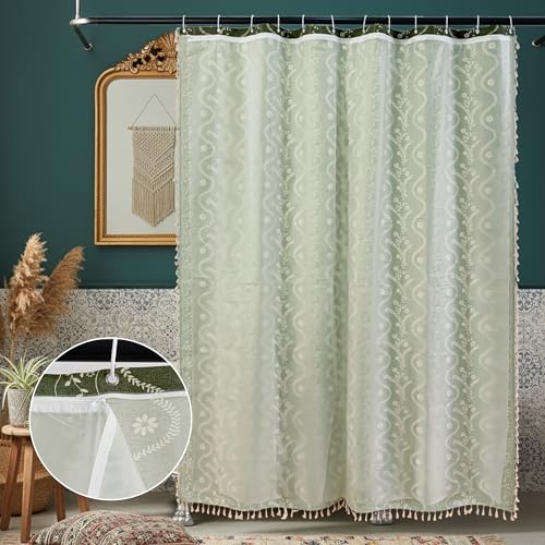 Olive Green Floral Linen Shower Curtain Set with Liner,72" Wx72 L | Double Layer Shower Curtain Waterproof Fabric with Zippered Removable PEVA Liner,Boho Shower Curtain for Bathroom,Free Hooks - color: Green Floral