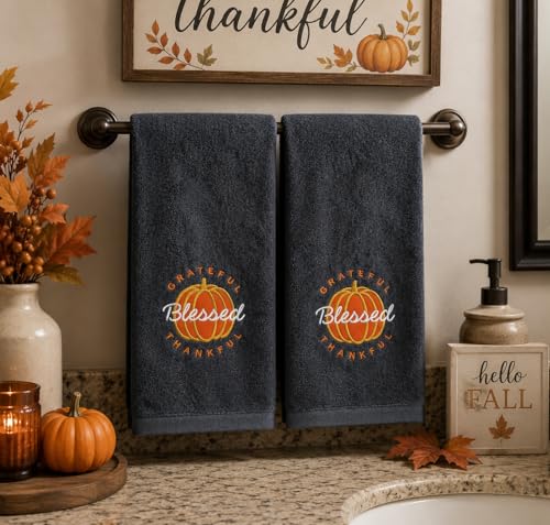 Serafina Home Harvest Fall Hand Towels for Bathroom: Plush Gray Grey Embroidered Grateful Thankful Blessed Orange Pumpkin Design for Bath, 100% Cotton, 16" x 25" Inches, Oeko-TEX Certified - color: Grateful