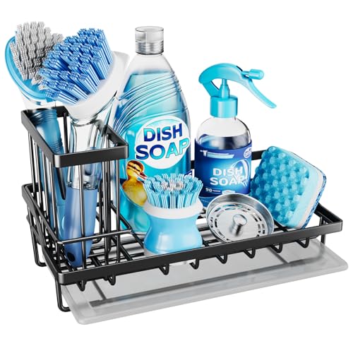 Consumest Sink Caddy, Kitchen Sponge Holder with Dish Brush Holder, Kitchen Sink Organizer with Drip Tray for Countertop Stainless Steel Rustproof, Black-Large - color: Black-l